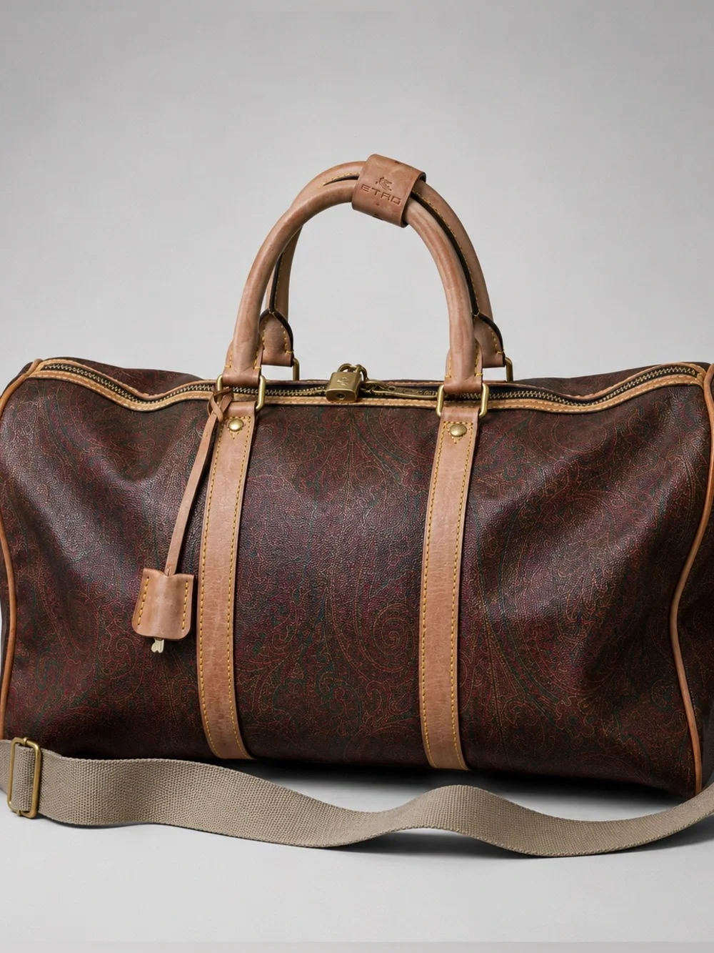 Etro Brown Paisley Travel Duffel with Tan Leather Trim 20